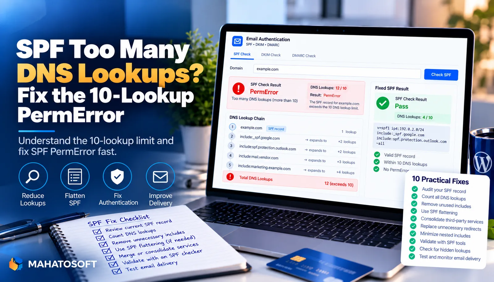 SPF check showing a PermError from too many DNS lookups